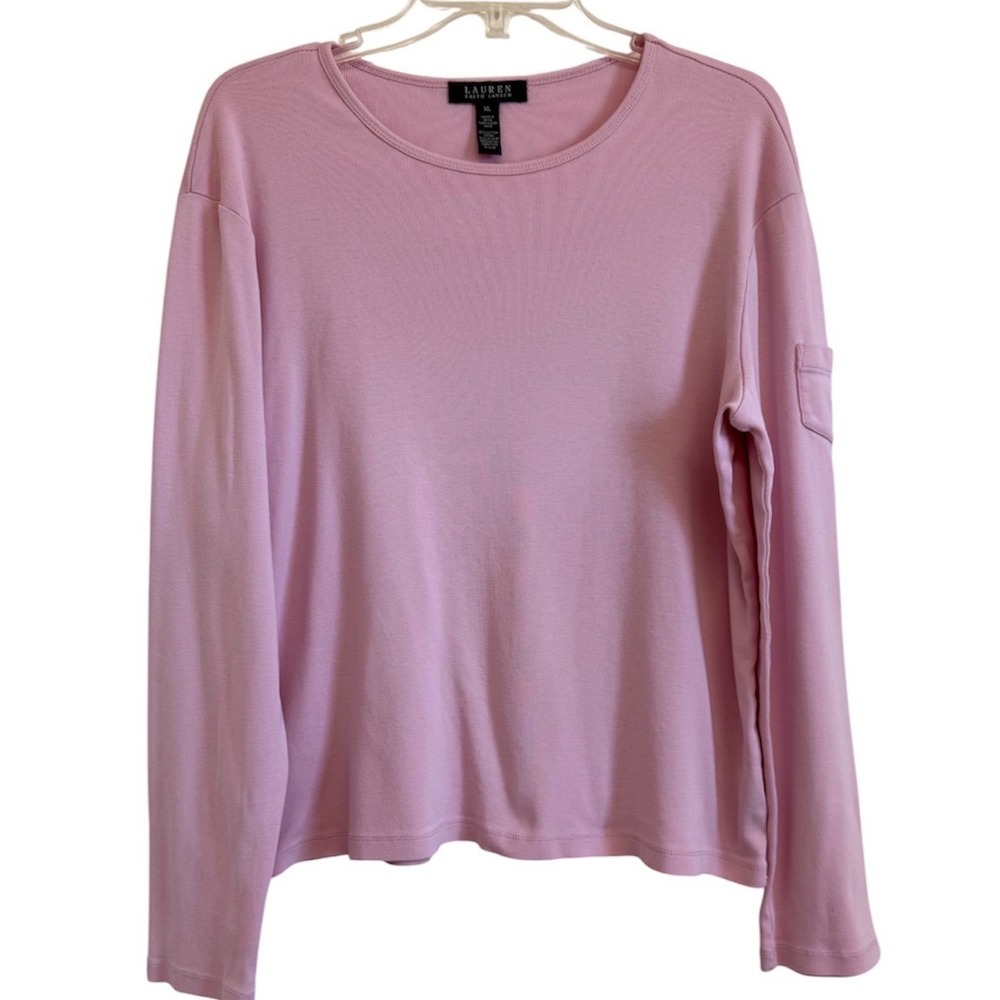 Lauren Ralph Lauren Pink Cotton Ribbed Long Sleeve Top XL Sleeve Pocket Logo
